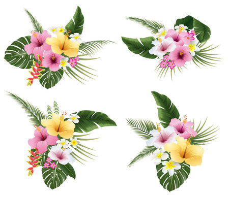 set of tropical flowers and leafs isolated icon vector illustration desingのイラスト素材