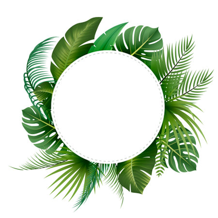 Tropical background with palm leaves and circle. Vector illustration.のイラスト素材