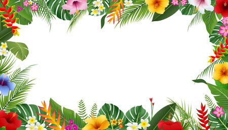 Tropical background with palm leaves and flowers. Vector illustration.のイラスト素材
