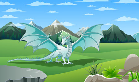 Dragon in the mountains. Cartoon style. Vector illustration for your designのイラスト素材