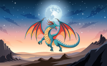 Dragon in the night sky. Vector illustration of a fantasy dragon.のイラスト素材