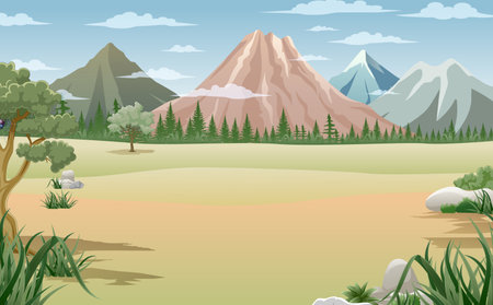 Landscape with mountains and trees. Vector illustration. Cartoon style.のイラスト素材