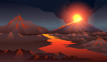 Volcanic landscape with mountains and river at sunset. Vector illustrationのイラスト素材