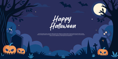Happy Halloween banner with bats, cemetery and pumpkin. Vector illustration.のイラスト素材