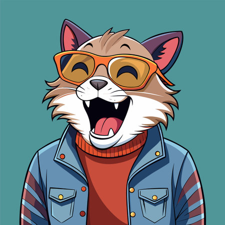 Funny cartoon cat in a jacket and glasses. Vector illustration.のイラスト素材