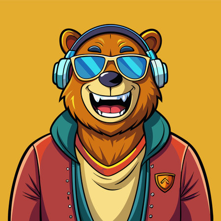 Vector illustration of a cartoon beaver wearing sunglasses and listening to music