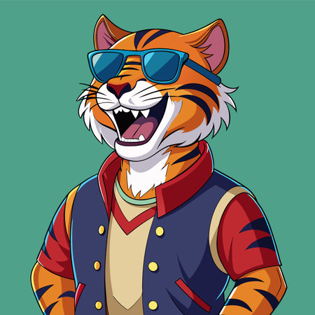 Cartoon tiger wearing sunglasses. Vector illustration of a tiger in sunglasses.のイラスト素材