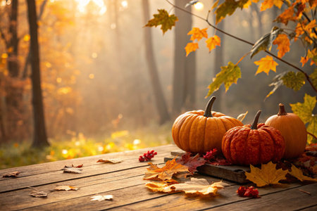 Autumn background with pumpkins and leaves on wooden table in forestの写真素材