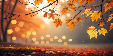 Autumn background with leaves and bokeh. Copy space.