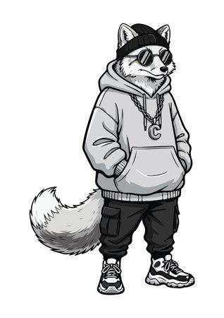 Vector illustration of a cartoon raccoon in a hooded jacket.のイラスト素材