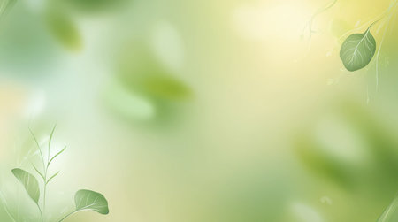 Fresh green leaves on blurred nature background with bokeh and sunlightの写真素材