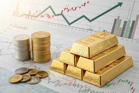 Gold bullion and coins on the chart background. 3d illustrationの写真素材