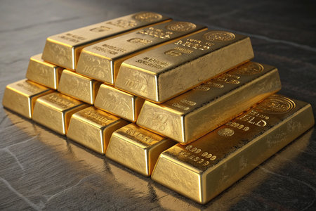 Stack of gold bars on black marble background. 3D illustration.の写真素材