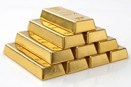 Stack of gold bars on a white background, close-up.の写真素材