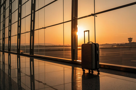 Luggage in airport terminal with sunset sky background. Travel concept.の写真素材