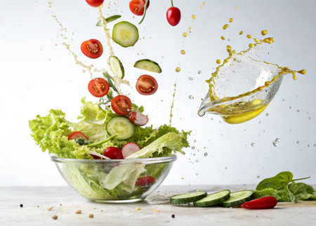 Fresh vegetable salad in glass bowl with splashes of oil on white backgroundの写真素材