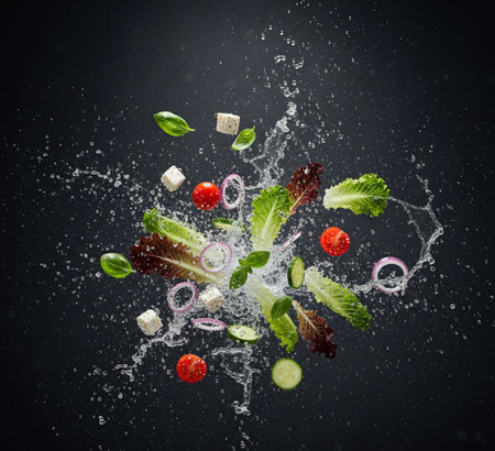 Fresh salad ingredients with water splash on dark background. Healthy food conceptの写真素材