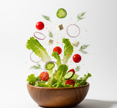 Vegetable salad in wooden bowl with flying ingredients on white backgroundの写真素材
