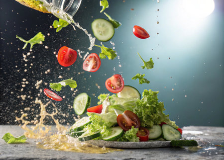 Fresh salad with flying tomatoes and cucumbers on a dark background.の写真素材