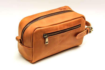 Side pouch bag detail made of leather. Brownの写真素材