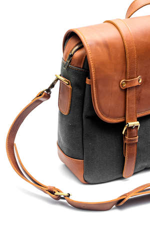 Detailed leather bag with canvas combination. Brown leather gray combination bag.の写真素材