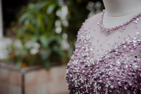 Detail Dress. Purple wedding dress on a mannequin.の写真素材