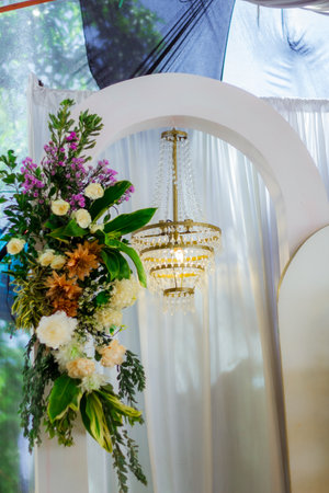 flower arrangements as a backdrop for wedding celebrations in Indonesia.の写真素材