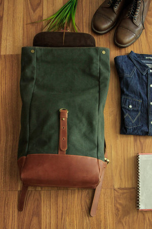 Products made from leather. Bag or sling bag made of brown leather with a minimalist style or retro colors that are minimalist and luxurious. Leather wallet.の写真素材