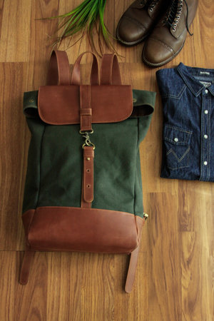 Products made from leather. Bag or sling bag made of brown leather with a minimalist style or retro...