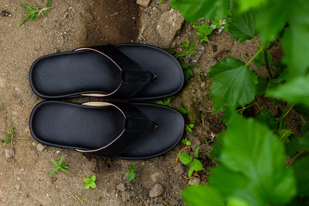 Black cowhide sandals, leather sandals for men.の写真素材