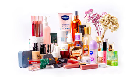 Magetan, Indonesia - November 01, 2023 : Collection of makeup tools from well-known brands. Set of makeup cosmetic products in organizer on white backgroundのeditorial素材