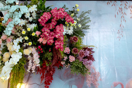 flower arrangements as a backdrop for wedding celebrations in Indonesia. Wedding decorations....