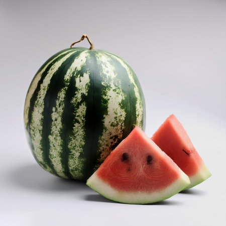 a whole watermelon and a few slices isolated on white background. top of views.の写真素材