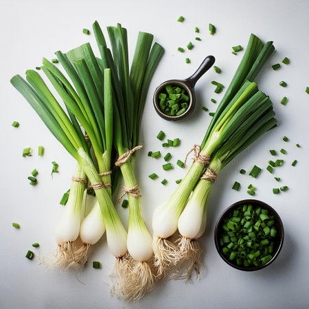 Fresh green onion on white backgroundの写真素材