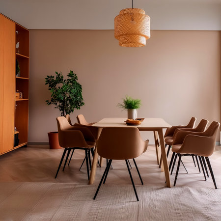Modern interior design of apartment, dining room with table and chairs, empty living room with beige...