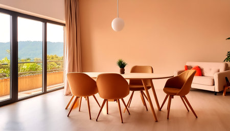 Modern interior design of apartment, dining room with table and chairs, empty living room with beige...