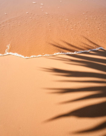 empty abstract sand beach with palm leaf shadow and transparent water wave from above, blank...