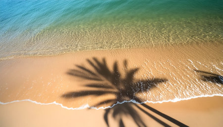 empty abstract sand beach with palm leaf shadow and transparent water wave from above, blank background banner for travel, vacation and wellbeing with copy space. top of views, aerial views.の写真素材