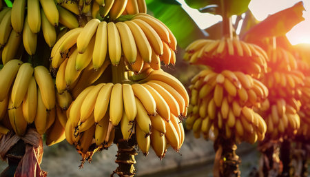 Ripe, yellowing bananas are hung in bunches in banana plantations. banana tree.の写真素材