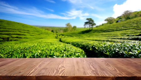 Circle wooden table top with blurred tea plantation landscape with blue sky and blurred green tea garden Natural background product display concept.の写真素材
