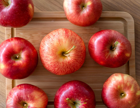 Red apples in wooden cutting board isolated on wooden background