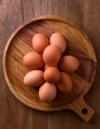 chicken egg on a wooden cutting board, isolated against a wooden background