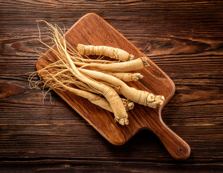 ginseng on a wooden cutting board, isolated against a wooden backgroundの写真素材