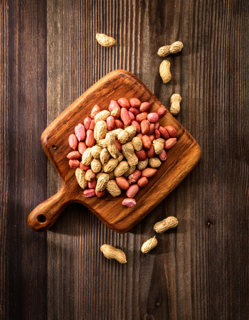 organic peanuts on a wooden cutting board, isolated against a wooden background