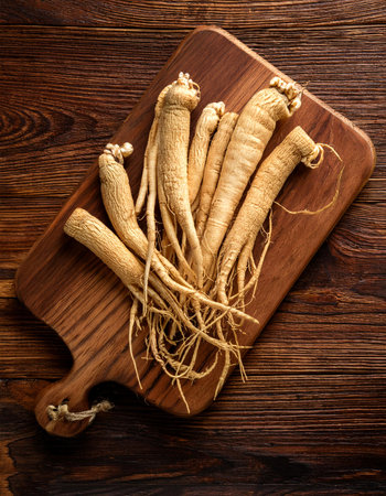 ginseng on a wooden cutting board, isolated against a wooden backgroundの写真素材