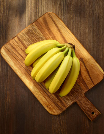 banana on a wooden cutting board, isolated against a wooden backgroundの写真素材