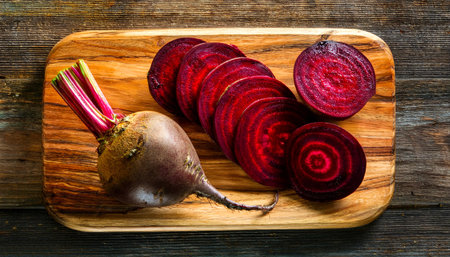 Red beetroot and beetroot cross sectoin on a wooden cutting board, isolated against a wooden...