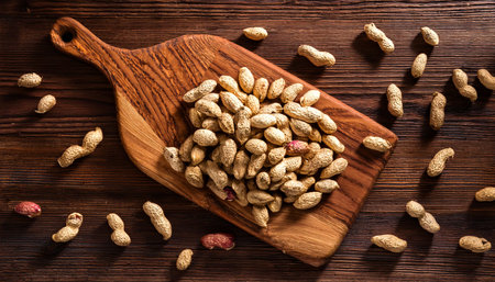 organic peanuts on a wooden cutting board, isolated against a wooden background