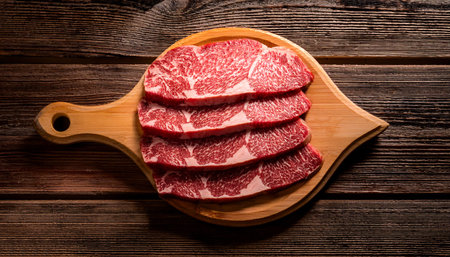 japanese wagyu on a wooden cutting board, isolated against a wooden background