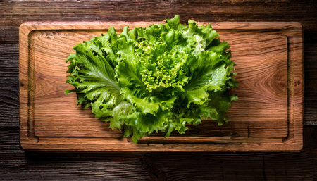 green lettuce on a wooden cutting board, isolated against a wooden backgroundの写真素材